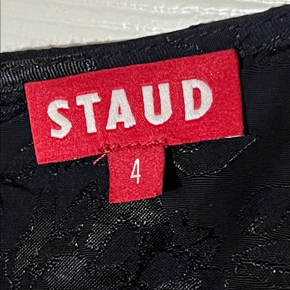 STAUD Black Floral Jacquard Midi Sofia Dress Ruched Bust, Sz 4 - Picture 9 of 15